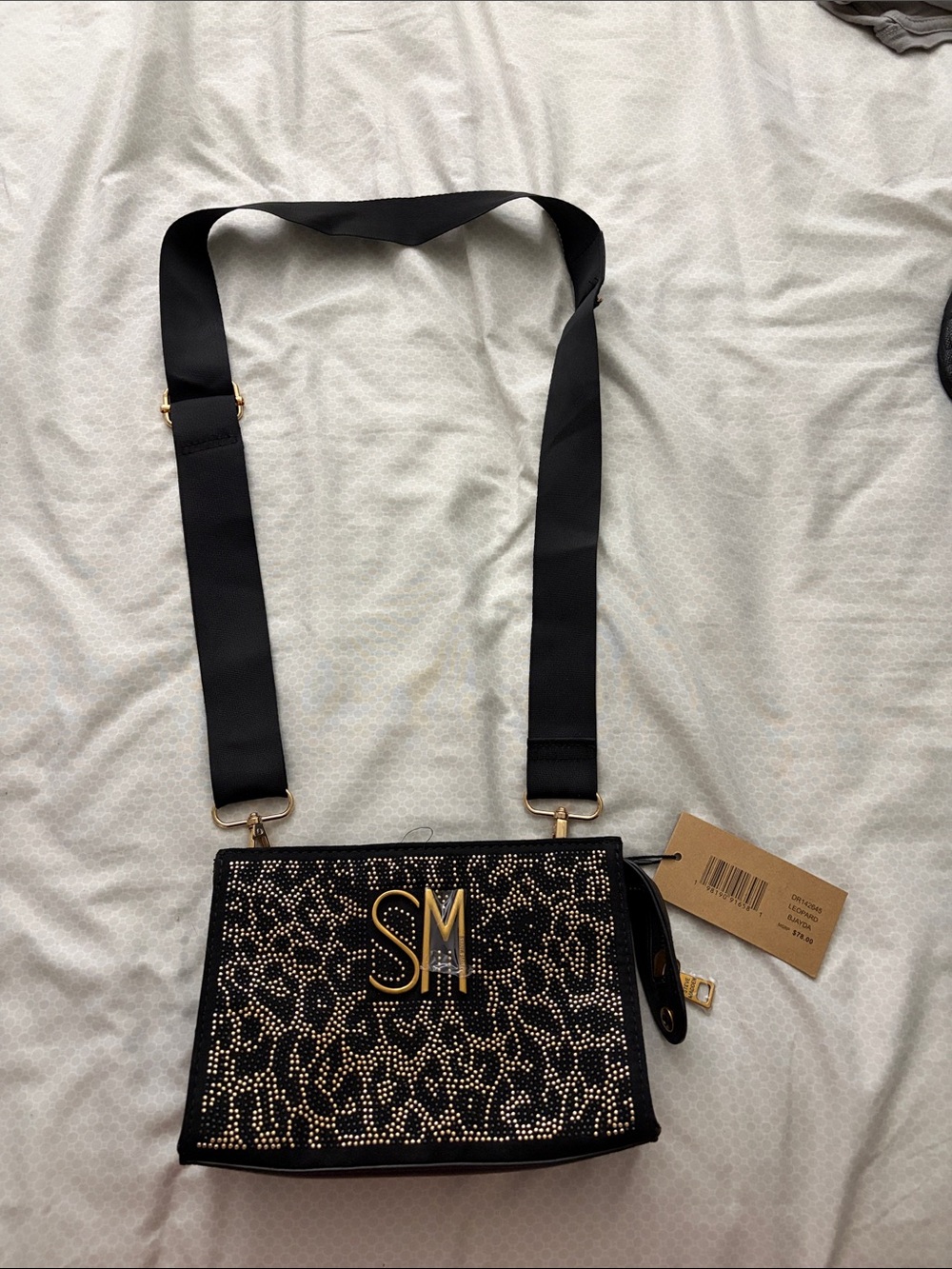 SM Logo Black Crossbody Bag with Rhinestone Leopard Print